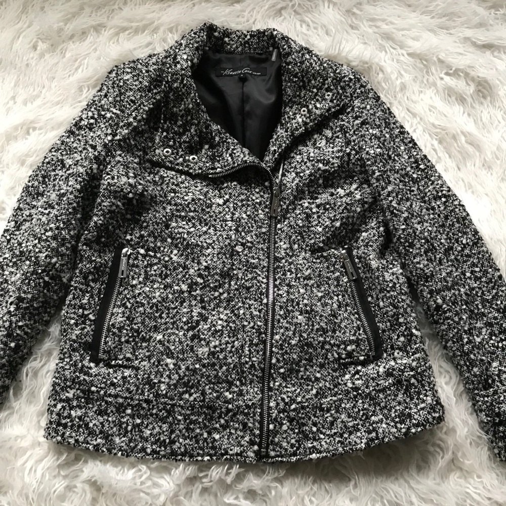 KENNETH COLE‎ NY BLACK WHITE MARLED MOTO ZIP JACKET